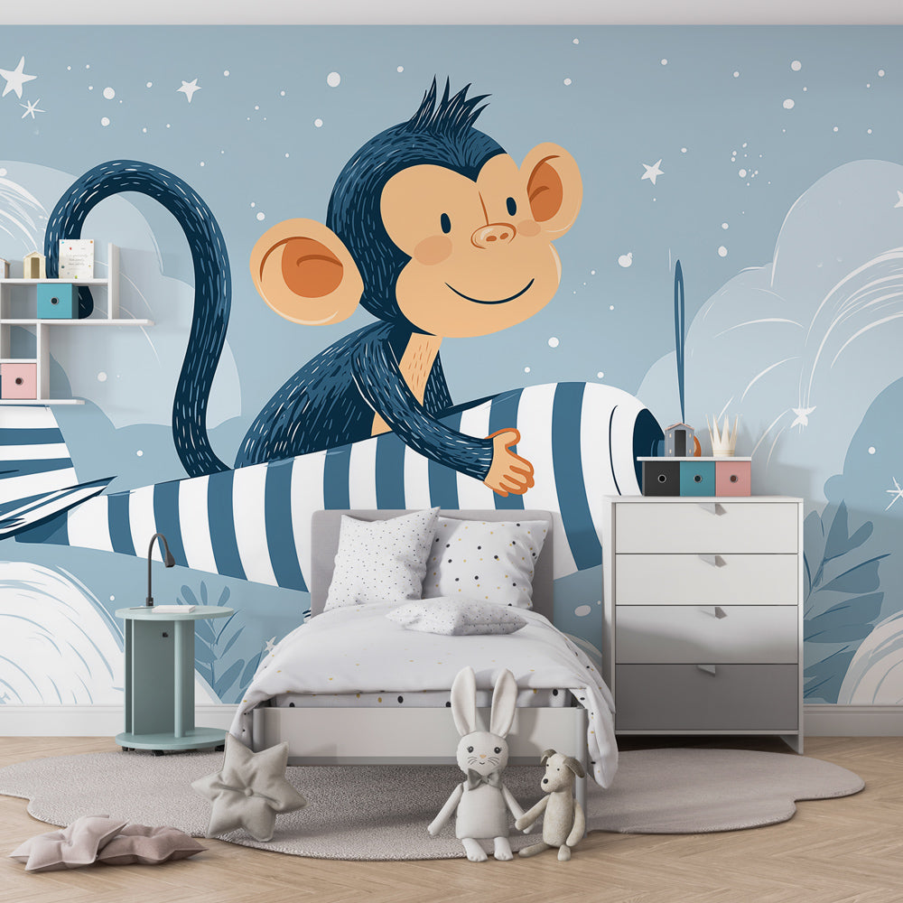 Pilot monkey wallpaper installed in children's playroom showing aviation adventure theme by Kids-Mundo