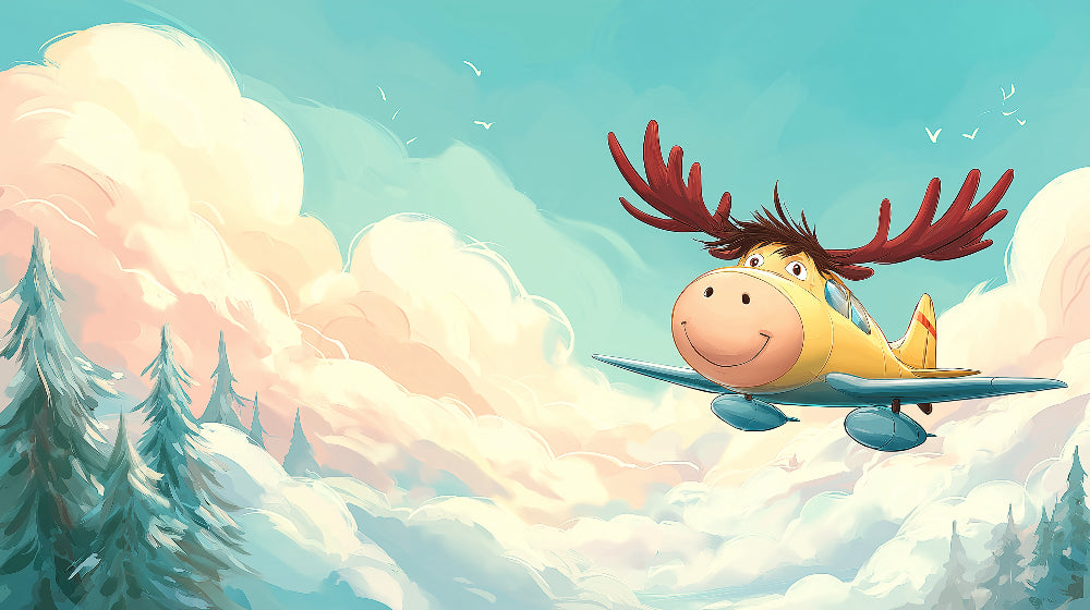 Detailed pilot moose aviation mural wallpaper design pattern with yellow airplane and cloud motifs by Kids-Mundo