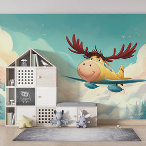 Playroom decorated with cheerful pilot moose mural wallpaper inspiring flight adventures for kids