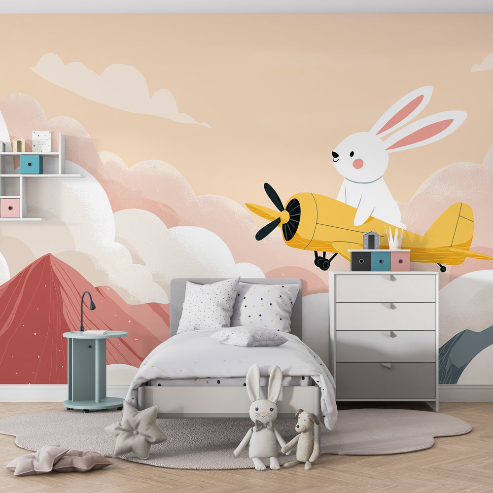 Mountain and cloud themed mural wallpaper transforming kids playroom by Kids-Mundo