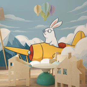 Whimsical rabbit aviator mural wallpaper transforming kids playroom into sky adventure space