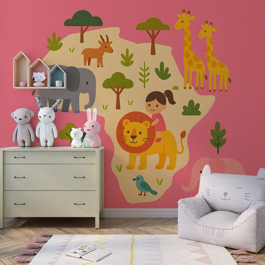 Pink safari adventure map wall mural by Kids-Mundo styled in a girl's kids bedroom