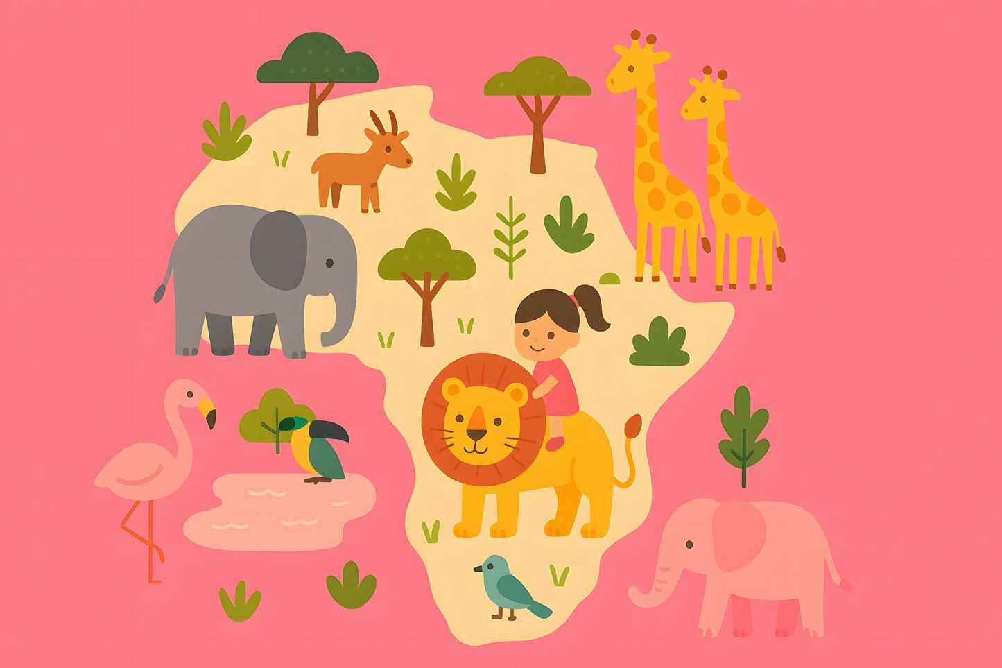 Flat artwork of the Kids-Mundo pink Africa safari design with a girl riding a lion