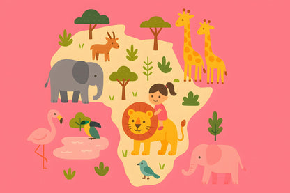 Flat artwork of the Kids-Mundo pink Africa safari design with a girl riding a lion