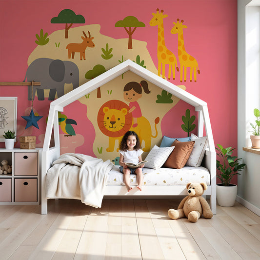 Kids-Mundo pink Africa safari wall mural with a girl riding a lion in a nursery