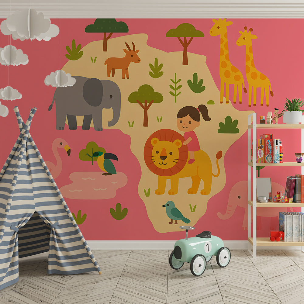 Kids-Mundo pink safari animals mural with giraffes and elephants in a playroom