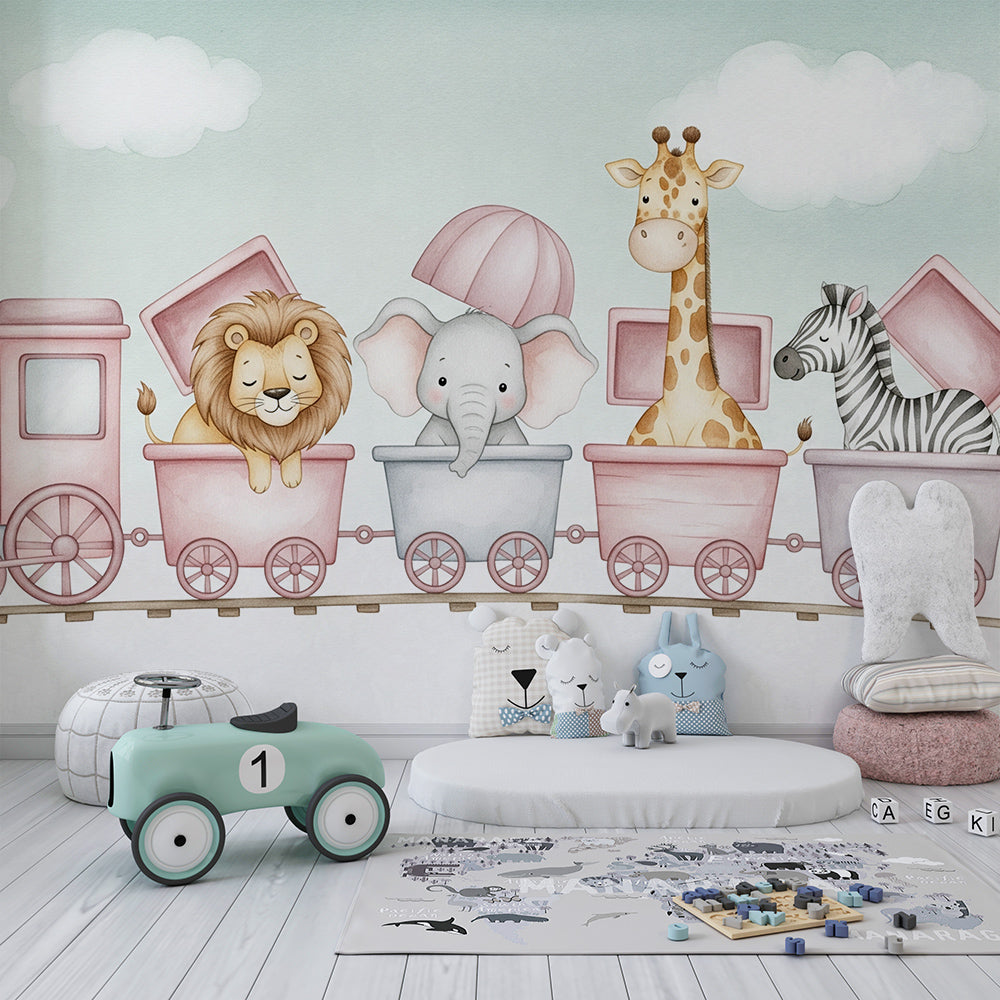 Kids-Mundo pink animal train wall mural decorating a girl's kids bedroom wall