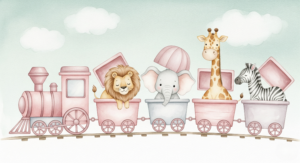 Kids-Mundo flat artwork of a pink watercolour animal train with lion, elephant, giraffe and zebra