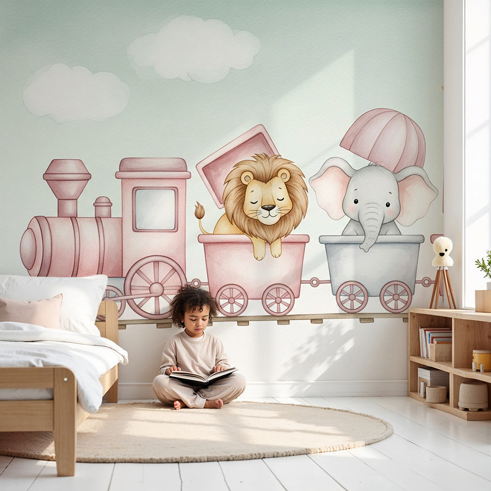 Kids-Mundo pink animal train wall mural bringing soft pastel charm to a nursery
