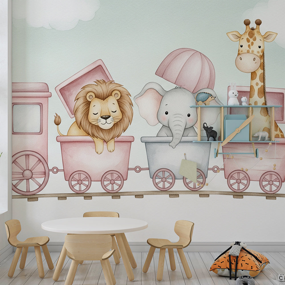 Kids-Mundo pink animal train wall mural adding gentle colour to a children's playroom