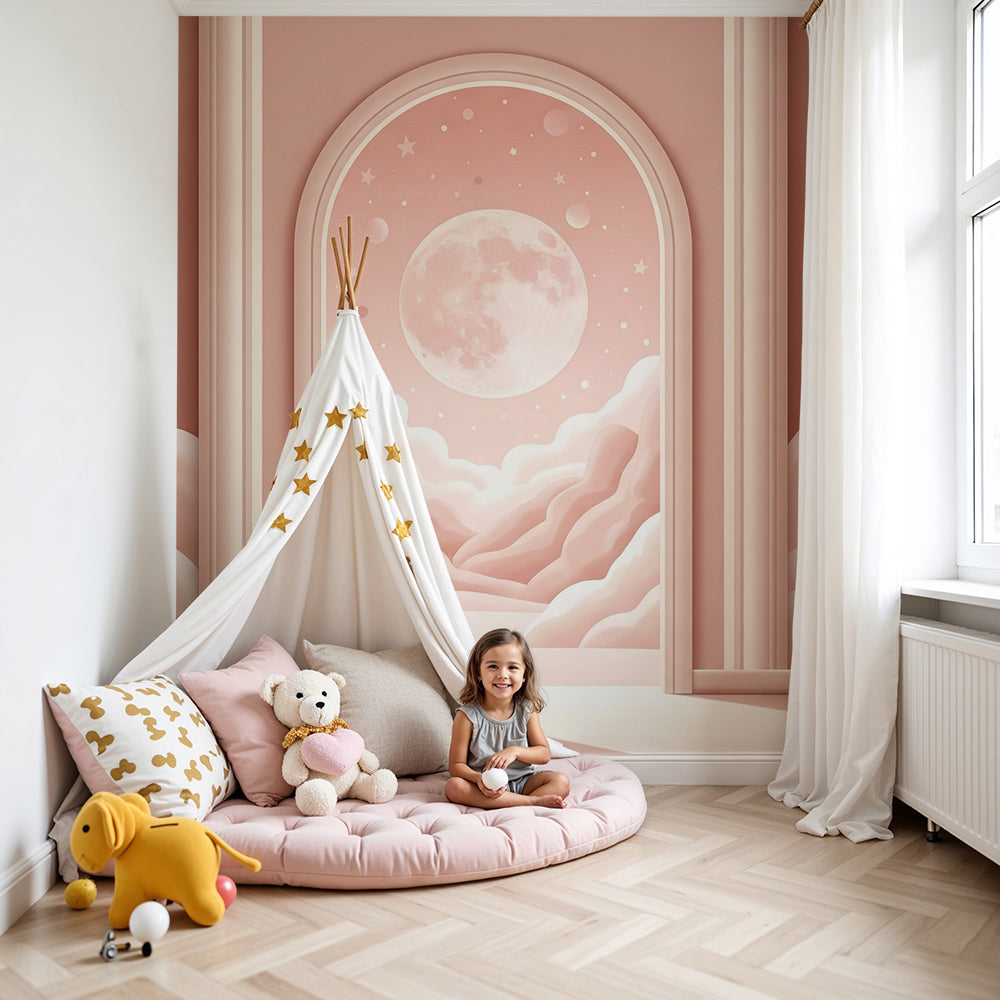 Kids-Mundo pink moon nursery wallpaper showing an archway of clouds opening onto a glowing full moon