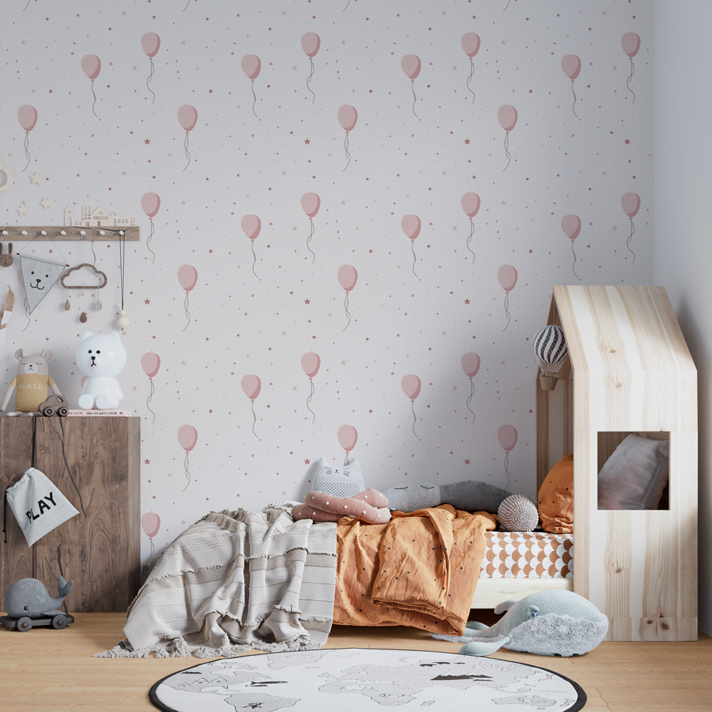 Whimsical pink balloon wallpaper transforming kids playroom into magical space