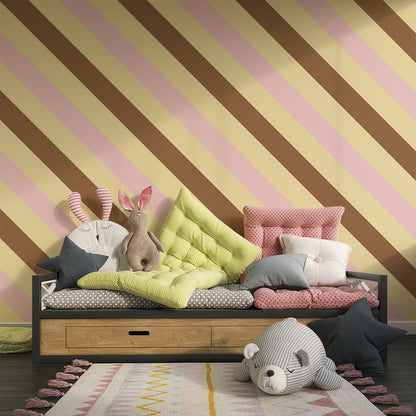 Kids-Mundo diagonal stripe wall mural in pink, beige and brown shown in a bright playroom