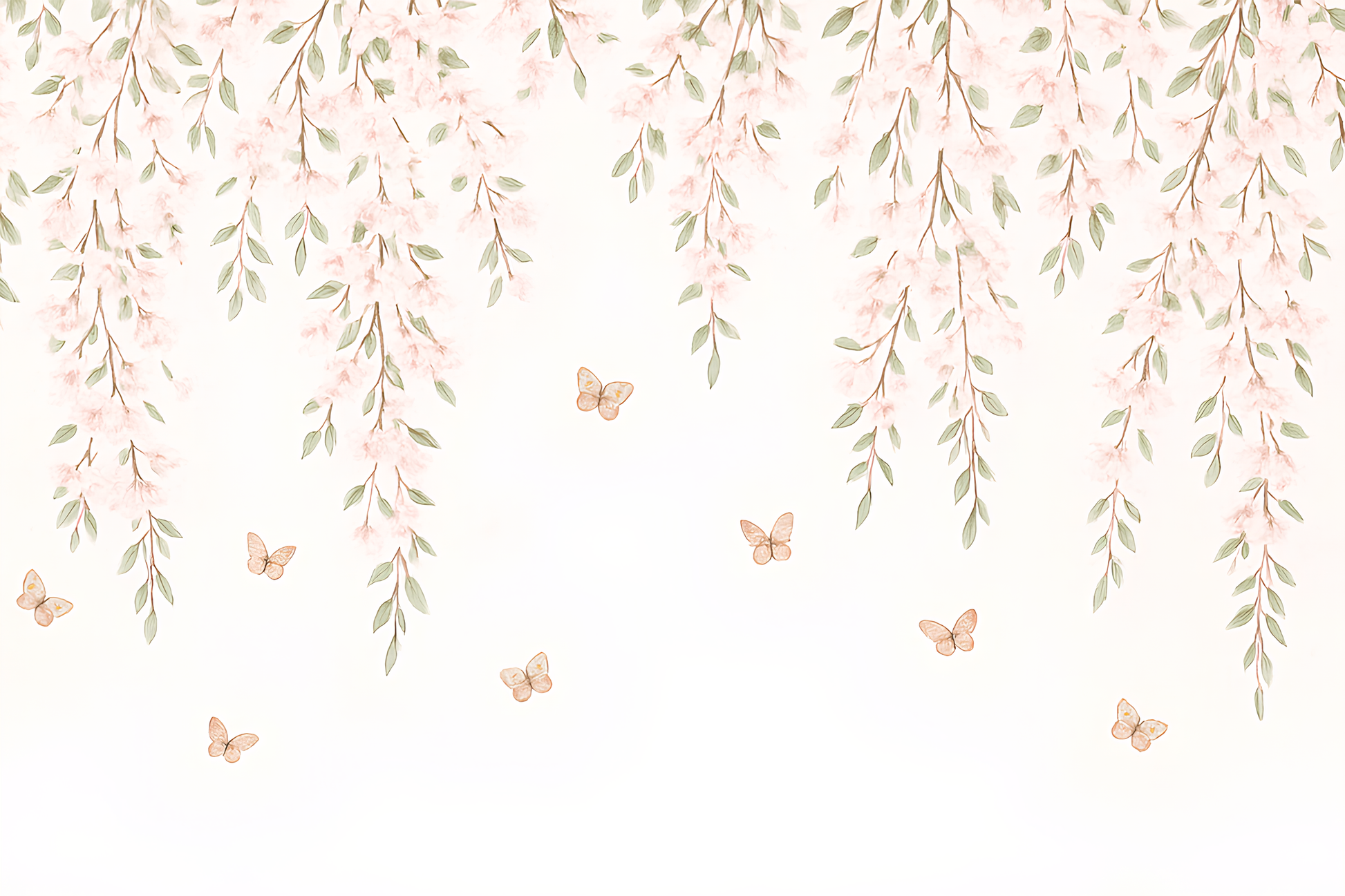 Kids-Mundo flat artwork of delicate pink blossom branches with fluttering butterflies.