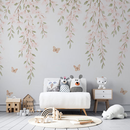 Kids-Mundo blossom and butterfly mural bringing soft floral charm to a playroom wall.