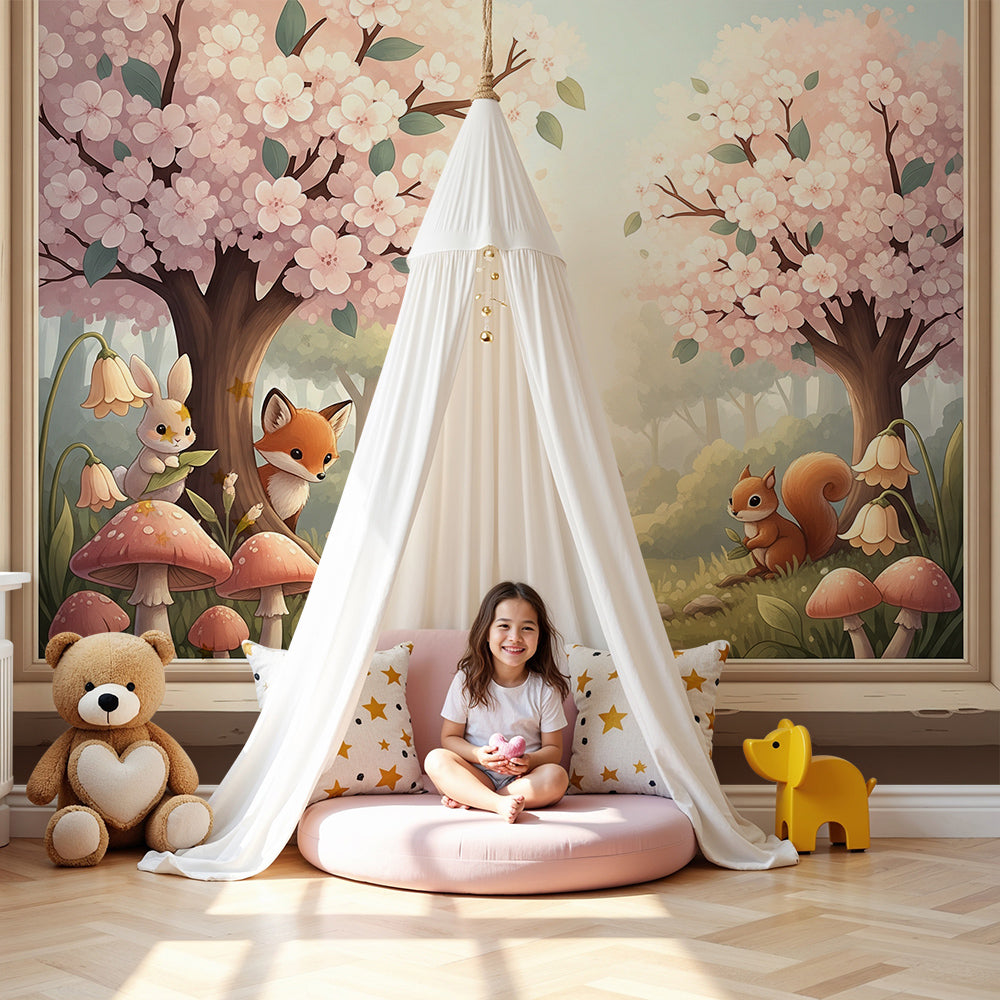 Kids-Mundo blossom woodland wall mural with a fox and bunny installed as a feature wall in a pastel pink nursery