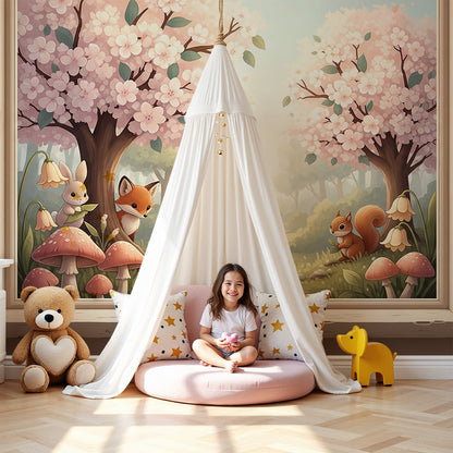 Kids-Mundo blossom woodland wall mural with a fox and bunny installed as a feature wall in a pastel pink nursery