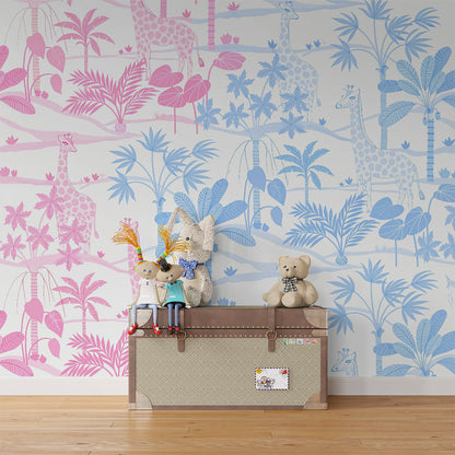 Kids-Mundo giraffe savannah wall mural covering a shared kids bedroom in pink and blue
