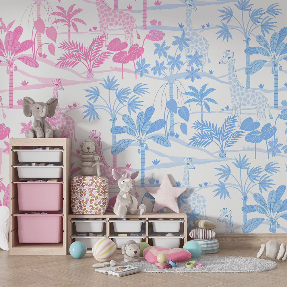 Kids-Mundo pink and blue giraffe mural on a playroom wall with baskets and floor cushions