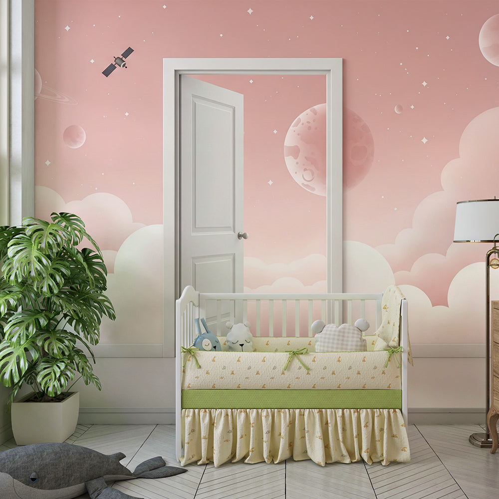 Kids-Mundo pink clouds space door mural as a playful feature wall in a kids' bedroom