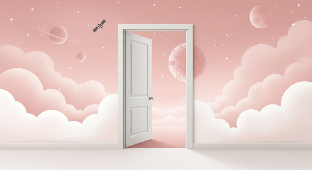 Kids-Mundo flat artwork of an open door framed by pink clouds, stars and a ringed planet