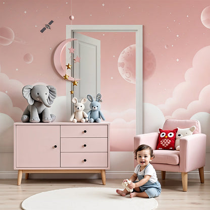 Kids-Mundo pink clouds space door wall mural styled softly in a dreamy baby nursery