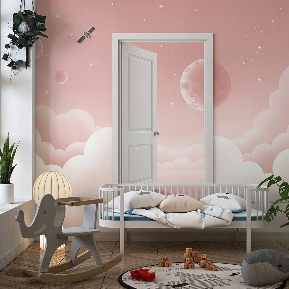 Kids-Mundo fluffy pink clouds mural brightening a cheerful children's playroom wall