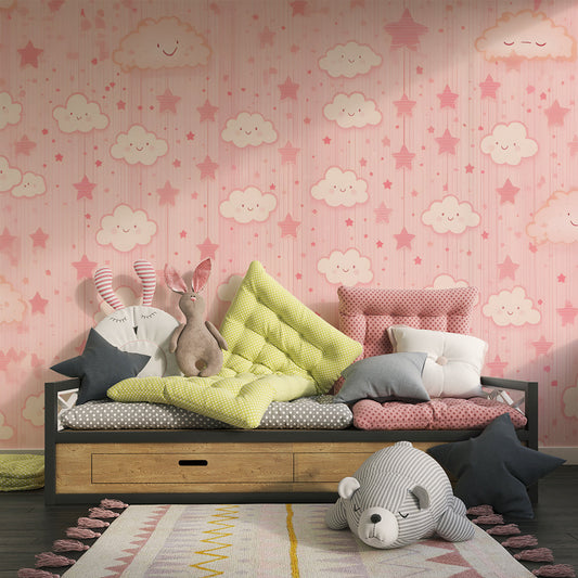 Kids-Mundo smiling pink clouds wall mural behind a single bed in a bright girl's kids bedroom