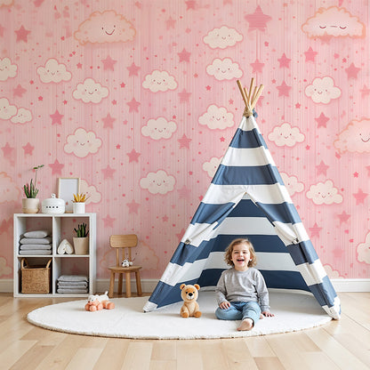 Kids-Mundo pink cloud and star wall mural styled in a soft baby girl nursery with cot and pastel decor