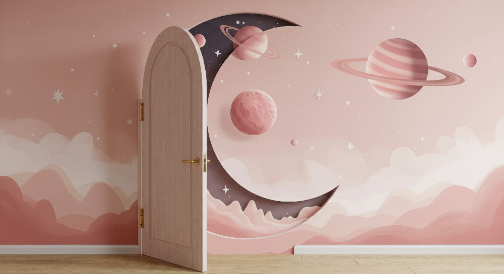Kids-Mundo flat artwork of the pink crescent moon and planets space wall mural design