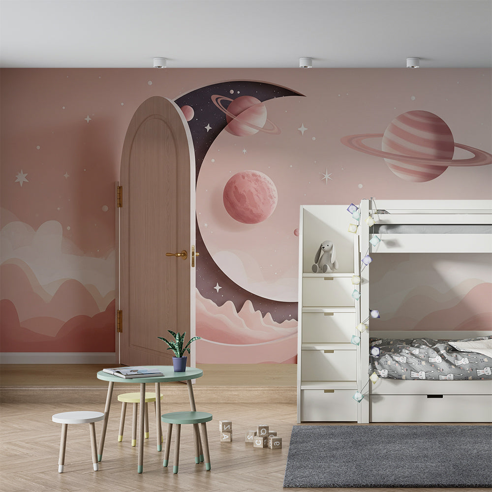 Kids-Mundo pink space wall mural brightening a playroom wall with moons and planets