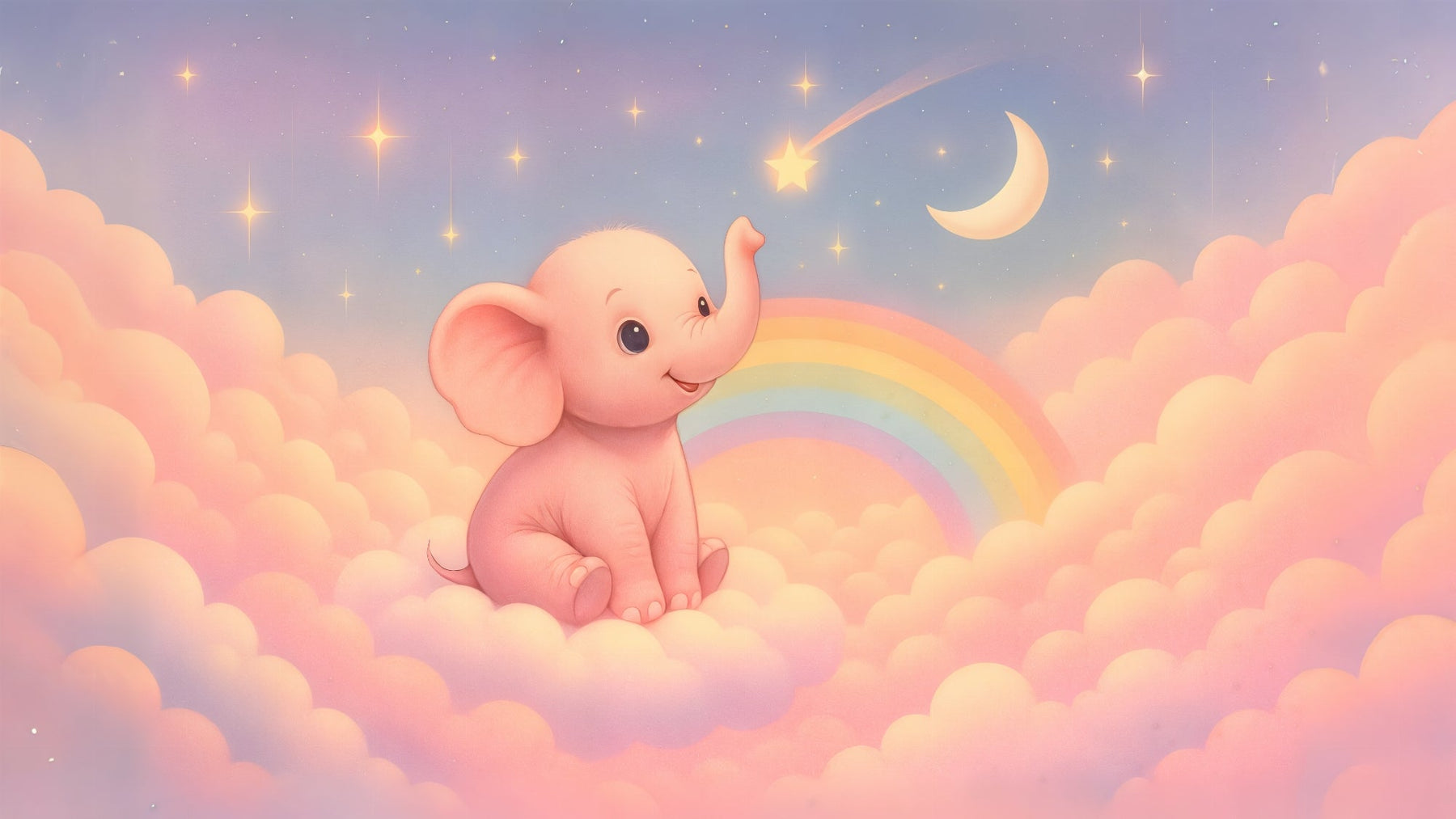 Detailed pink elephant mural wallpaper design pattern with clouds and rainbow by Kids-Mundo