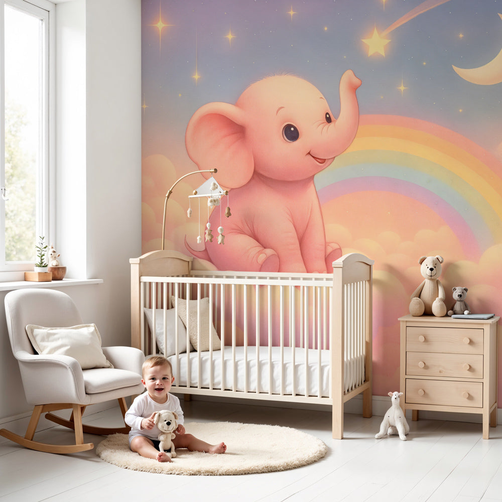 Pink elephant mural wallpaper with clouds and rainbow in modern nursery by Kids-Mundo