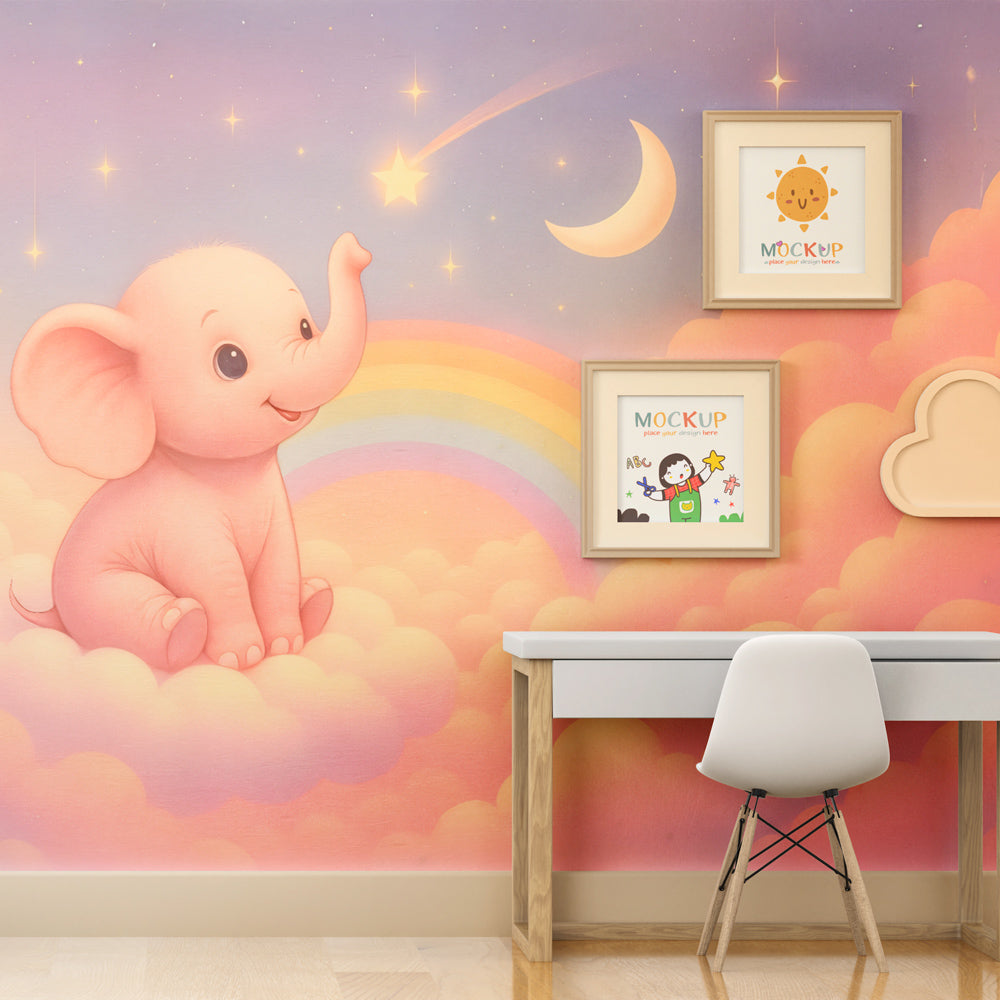 Pink elephant with stars and moon mural wallpaper for kids room by Kids-Mundo