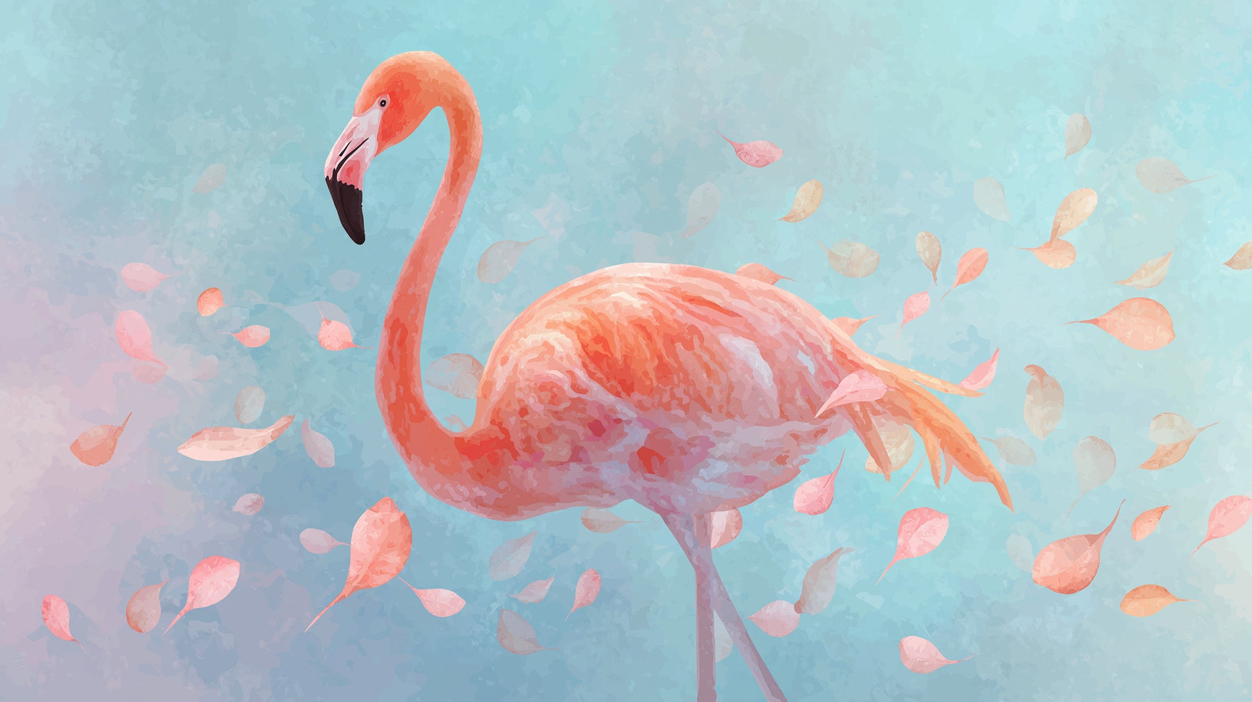 Detailed pink flamingo with falling leaves mural wallpaper design pattern by Kids-Mundo