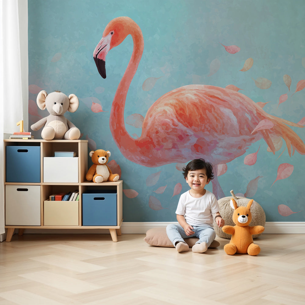 Pink flamingo mural wallpaper in elegant nursery with pastel blue and pink tones by Kids-Mundo