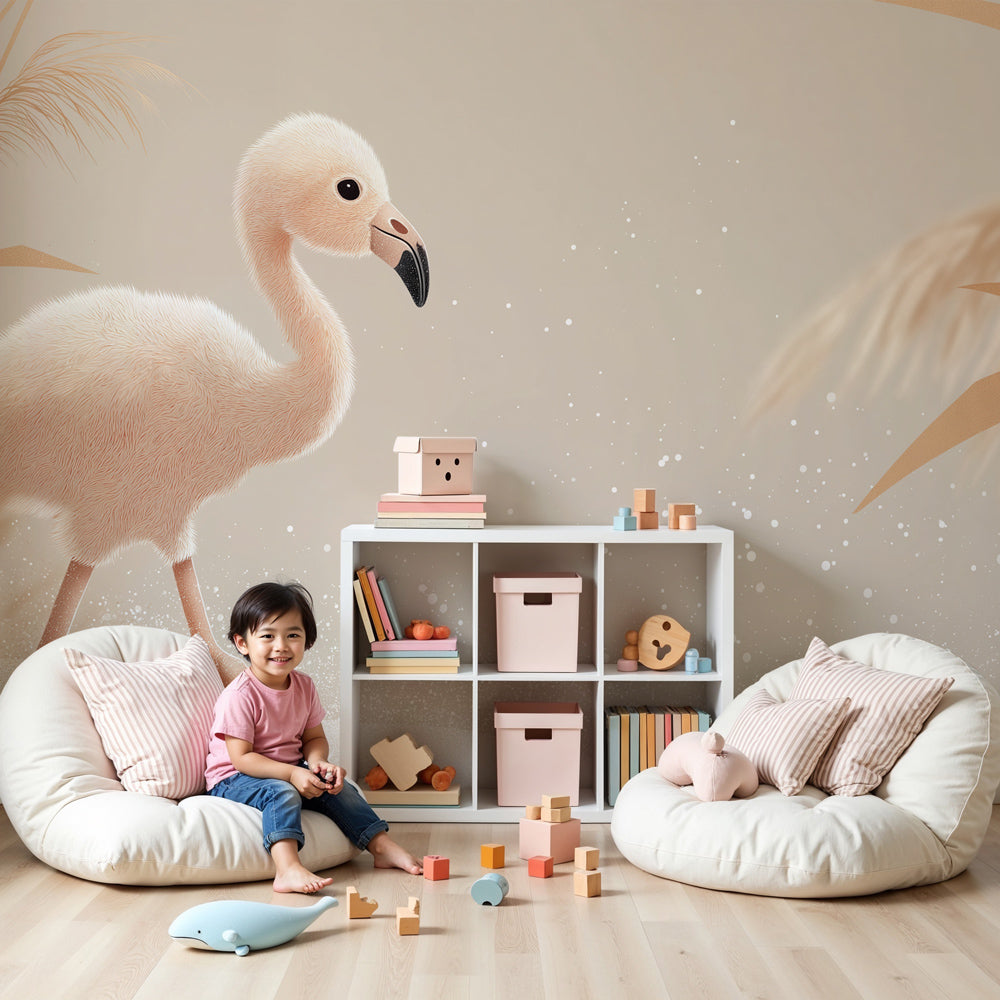 Pink flamingo mural wallpaper creating serene nursery decor with soft beige tones by Kids-Mundo