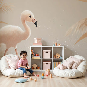 Pink flamingo mural wallpaper creating serene nursery decor with soft beige tones by Kids-Mundo