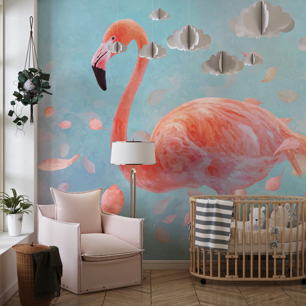 Delicate pink flamingo wall mural transforming children's playroom into dreamy sanctuary
