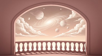 Kids-Mundo flat artwork of a pink swirling galaxy seen through an arched stone balcony