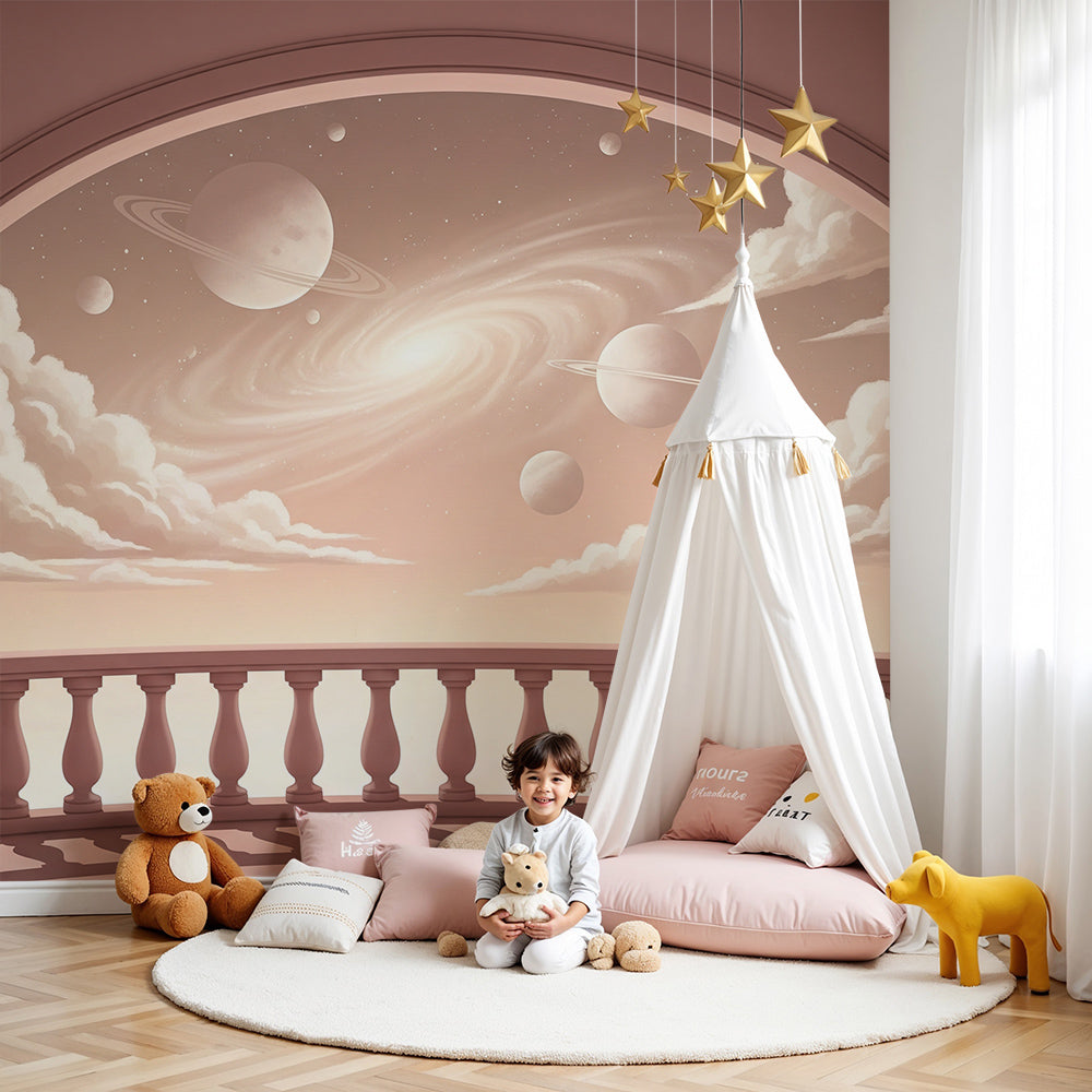 Kids-Mundo pink galaxy wall mural with balcony view styled in a soft nursery bedroom