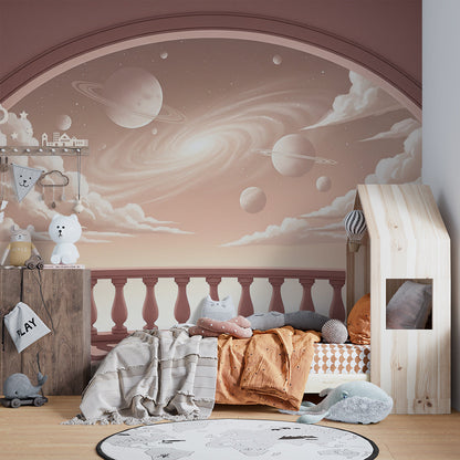 Kids-Mundo pink galaxy balcony wallpaper design shown in a bright playroom setting