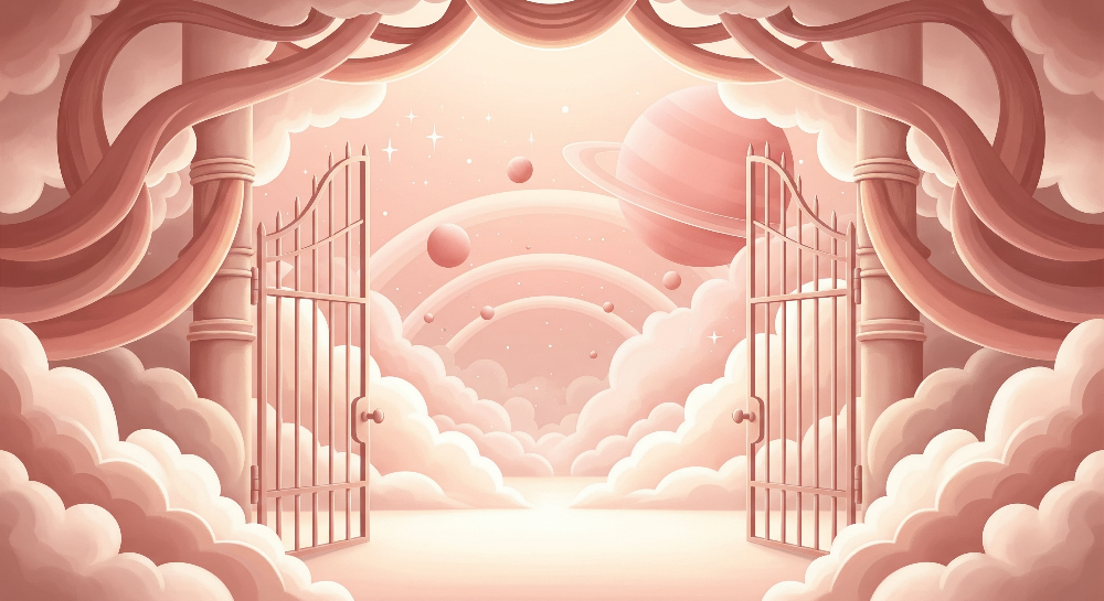 Kids-Mundo flat artwork design of a pink gateway opening onto planets, clouds and stars
