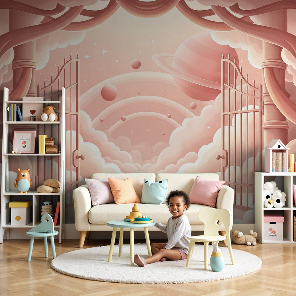 Kids-Mundo pink space wall mural with open gates and ringed planet in a soft nursery bedroom