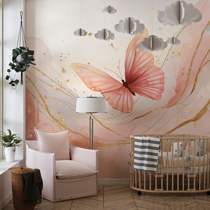 Kids-Mundo pink and gold butterfly wall mural adding elegance to a playroom wall.