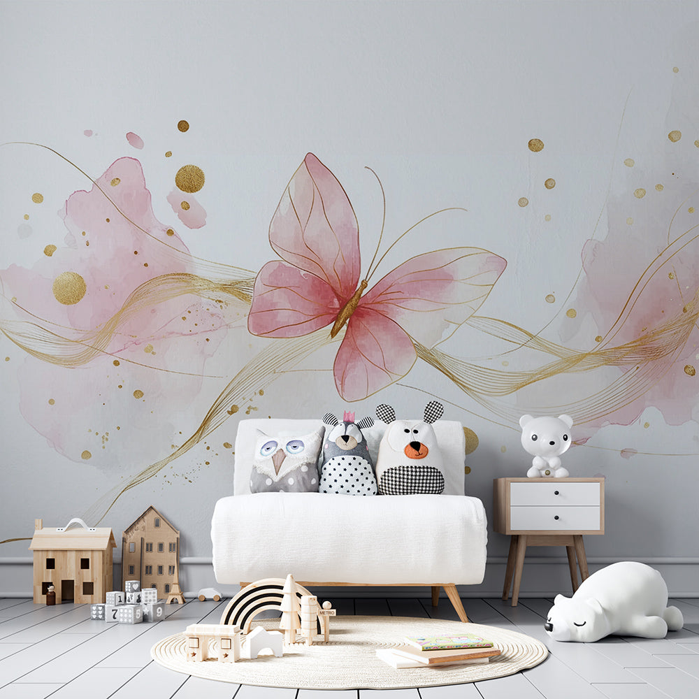 Kids-Mundo gold and pink butterfly wall mural shown as a feature wall in a girl's bedroom