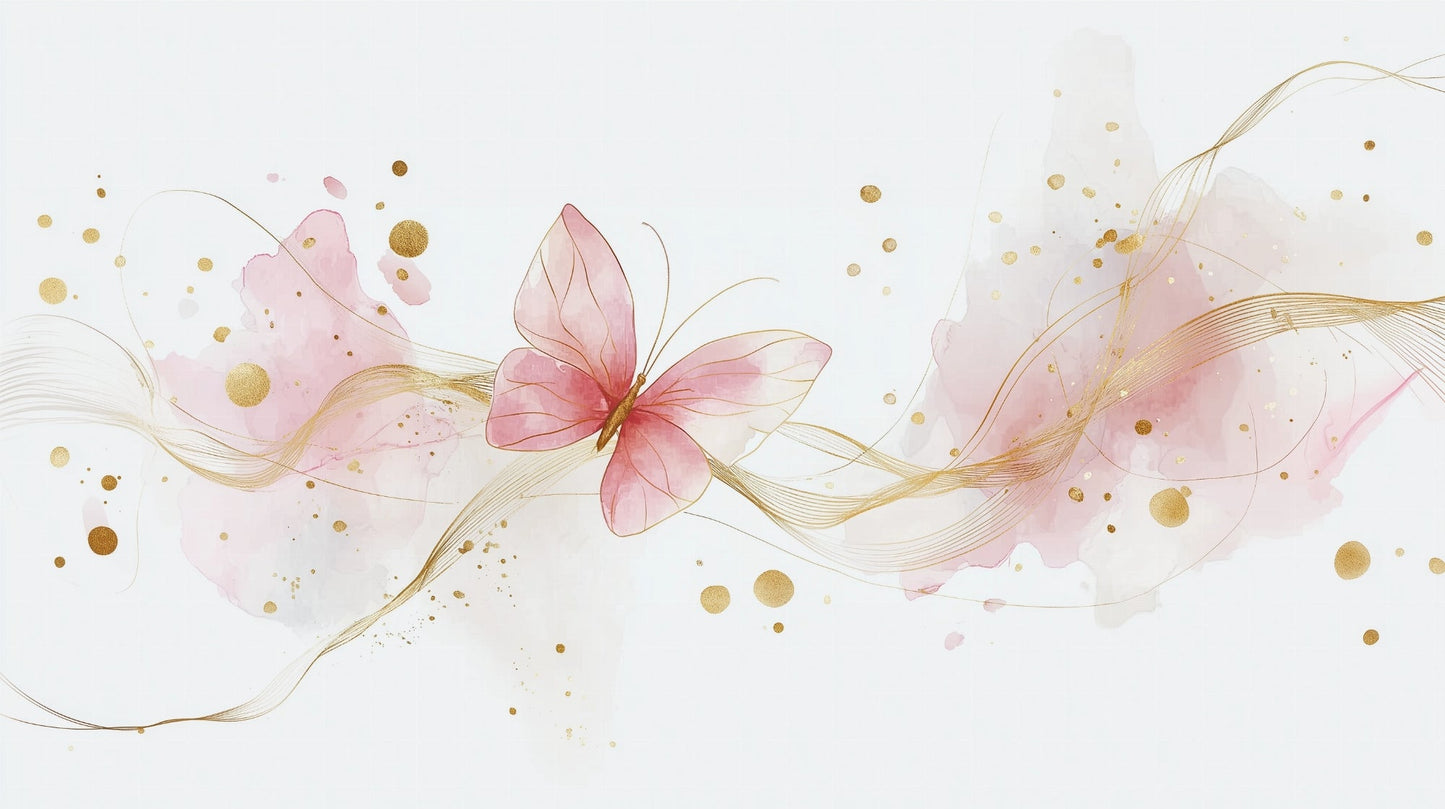 Kids-Mundo flat artwork of a pink watercolour butterfly with fine gold linework and dots