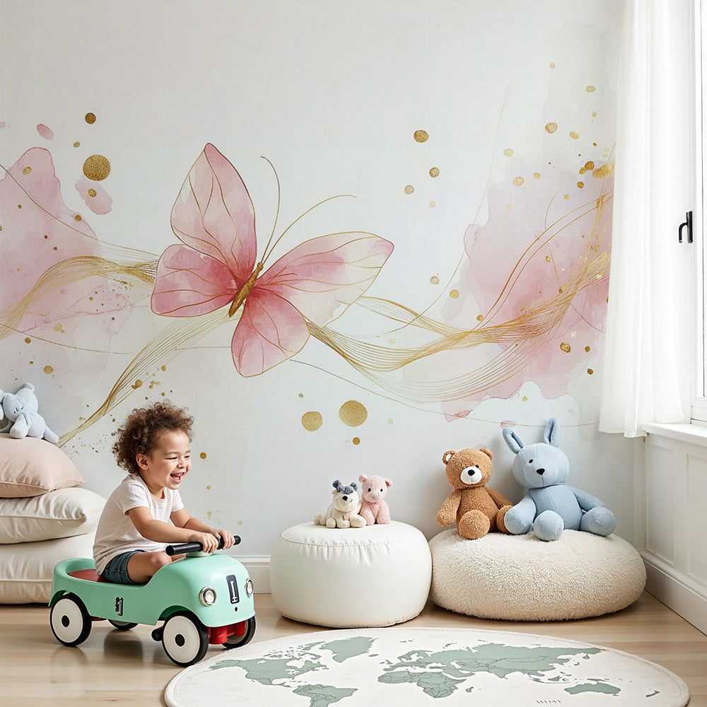 Kids-Mundo pink watercolour butterfly wall mural styled in a soft, sunlit baby nursery
