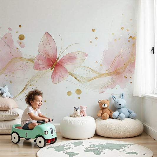 Kids-Mundo pink watercolour butterfly wall mural styled in a soft, sunlit baby nursery