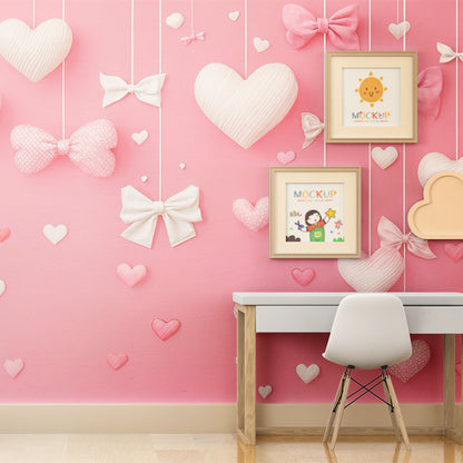 Kids-Mundo pink hearts and bows wallpaper mural in a young girl's cosy bedroom corner.
